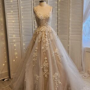 Amarra Cream and Beige Scoop Neck Lace Up Lace Embellished Ball Gown